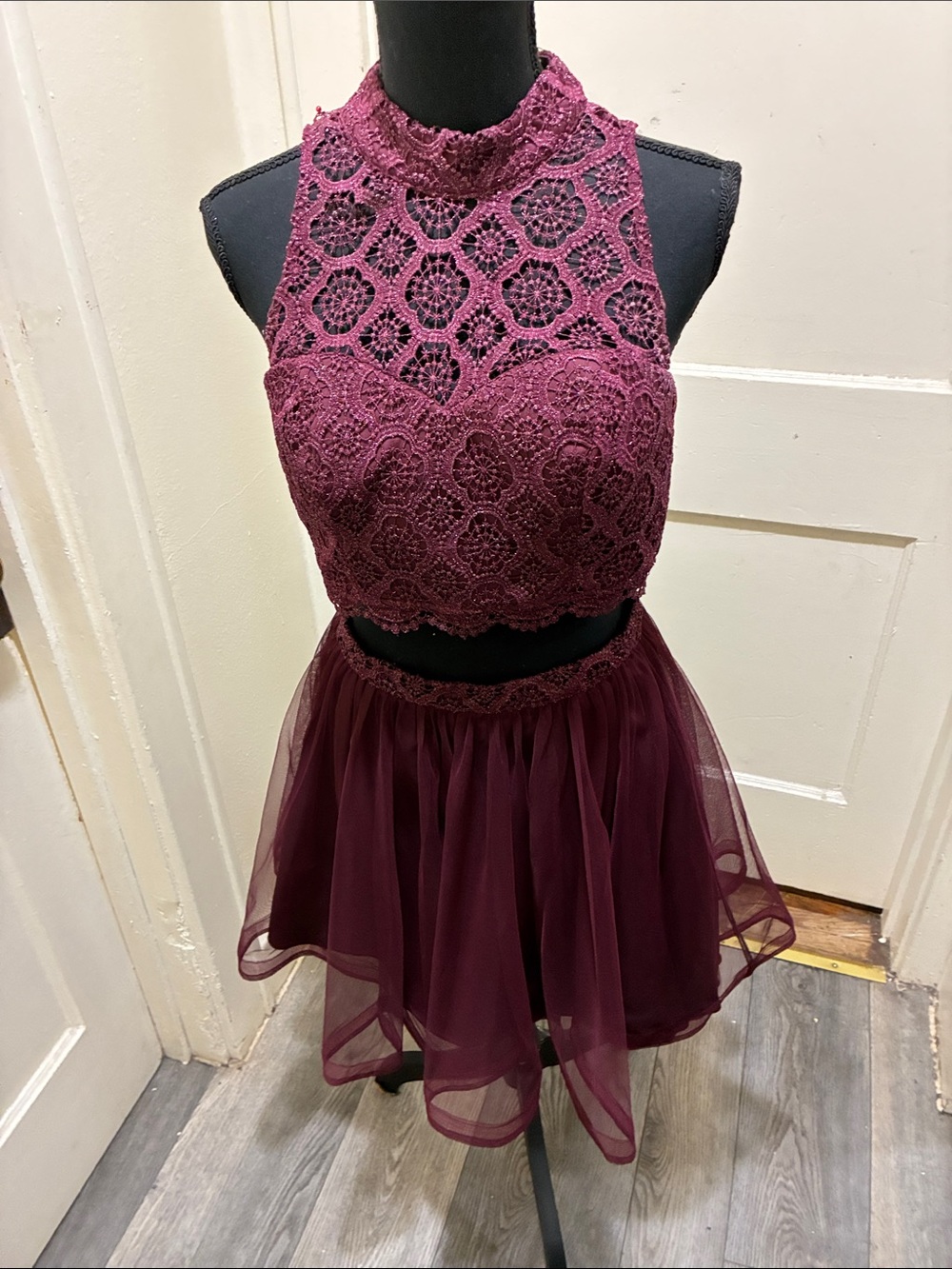 Sequin Hearts Burgundy Lace Halter Two-Piece Formal Dress